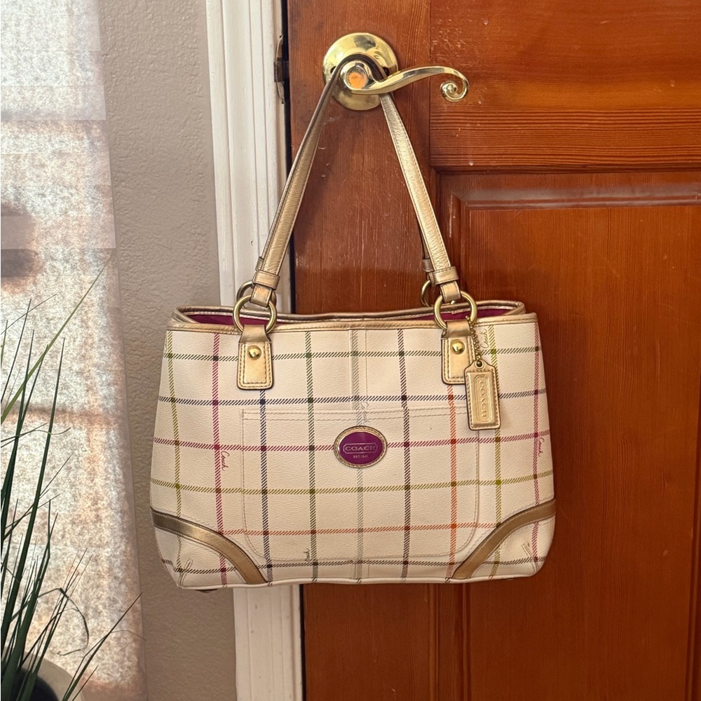 Coach Peyton Tattersall Plaid Satchel Tote Coated Canvas Ivory - Picture 6 of 16